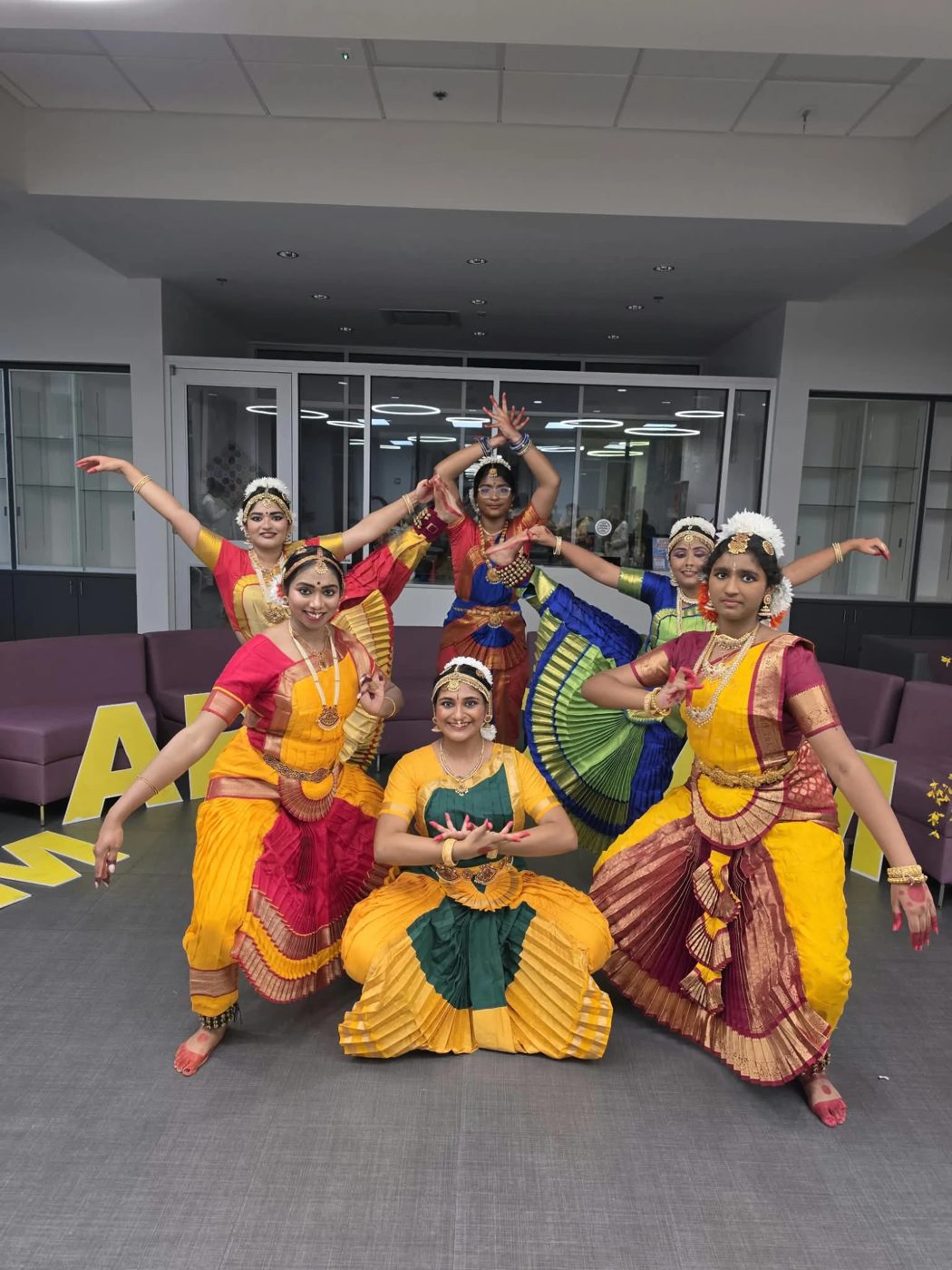 Akshaya students in a group Bharatanatyam pose